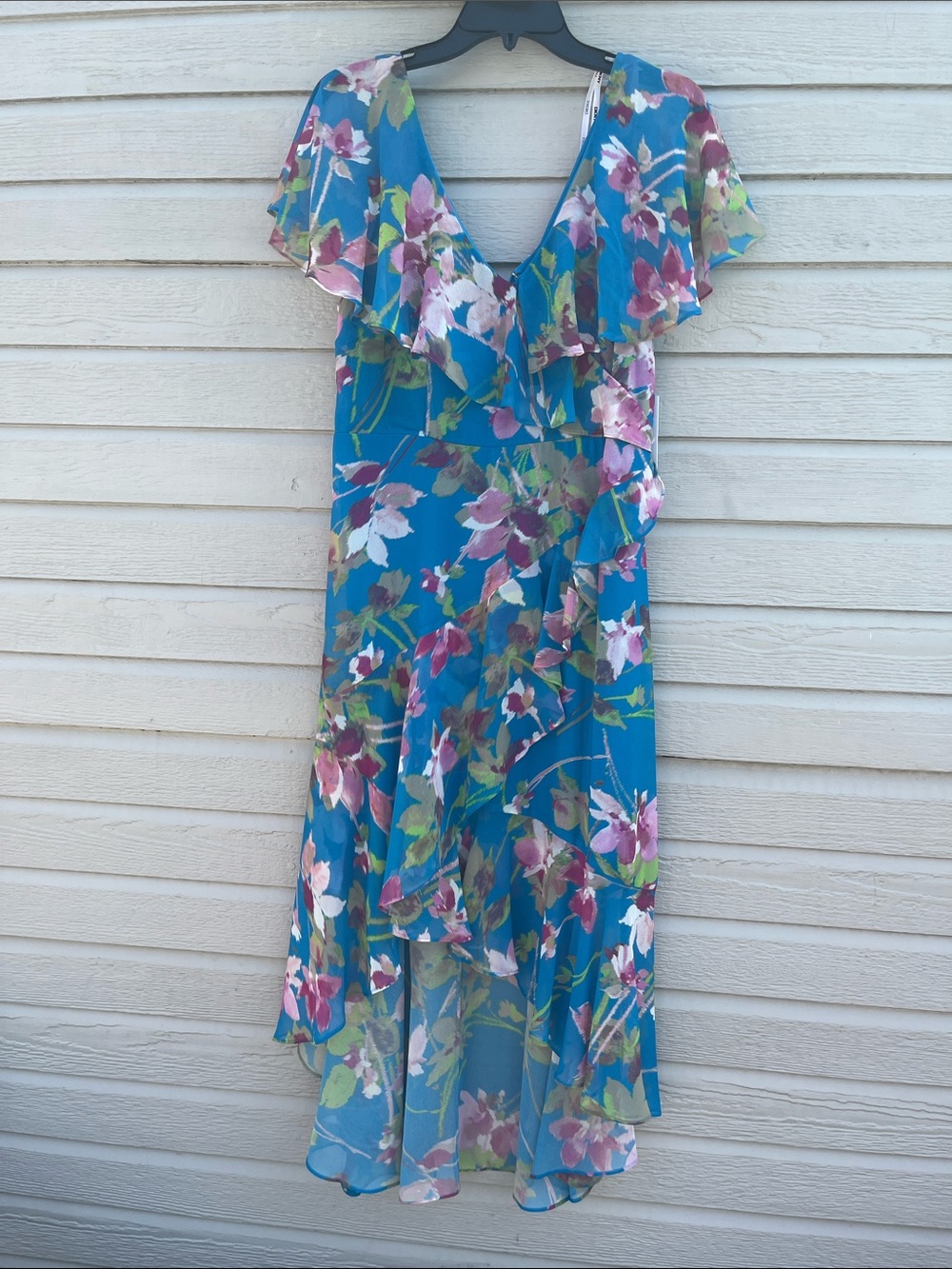 Dkny Teal Blue Floral Ruffle Wrap High-Low Dress